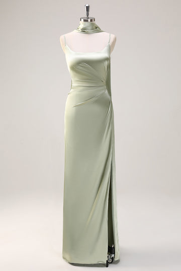 Leely Women Sage Sheath Satin Sash Neck Maxi Bridesmaid Dress with Ribbon Spaghetti Straps Neck Scarf Wedding Guest Dress with Slit